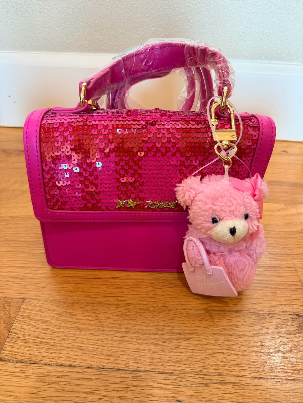 Betsey Johnson Hot Pink Sequin Crossbody Bag with Plush Bear Charm